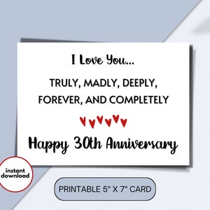 Cartão de 30º aniversário, cartão de aniversário para impressão para marido ou mulher, 30º aniversário para impressão para ele ou ela