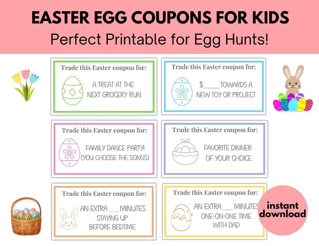 Printable Easter Egg Coupons for Kids, Egg Tokens, Egg Hunt Candy