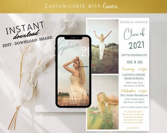 Gold and White Graduation Announcement Card Canva Template | Editable | Modern Photo Invite (Digital Download)