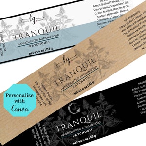 May include: Labels for artisan soap, featuring the word "TRANQUIL" and "PATCHOULI". The labels are in various colors, including white, brown, and black. Each label indicates a net weight of 4 oz (113 g). The design includes botanical illustrations.