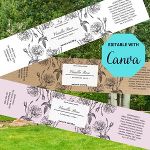 Peut inclure: Trois étiquettes pour des savons artisanaux avec un motif floral. Les étiquettes sont blanches, brunes et roses avec du texte noir. Le texte sur les étiquettes indique "Bella Grace Soaps", "Vanilla Rose", "Handmade Soap" et "net wt 4 oz/ 113 g".