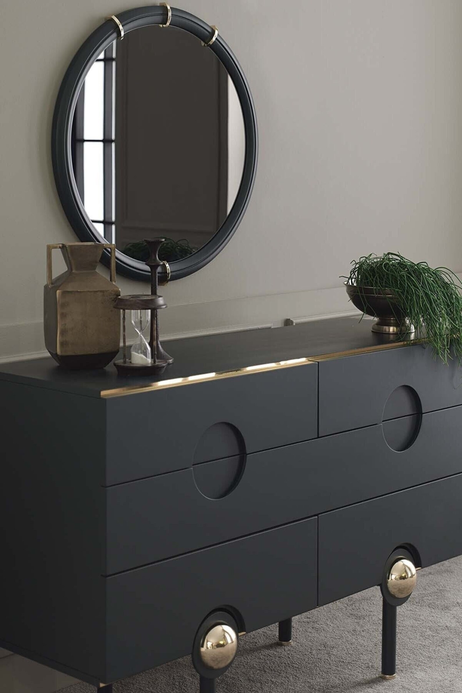 Smoke Glass Round Mirror Navy Blue Frame With Gold Color Etsy