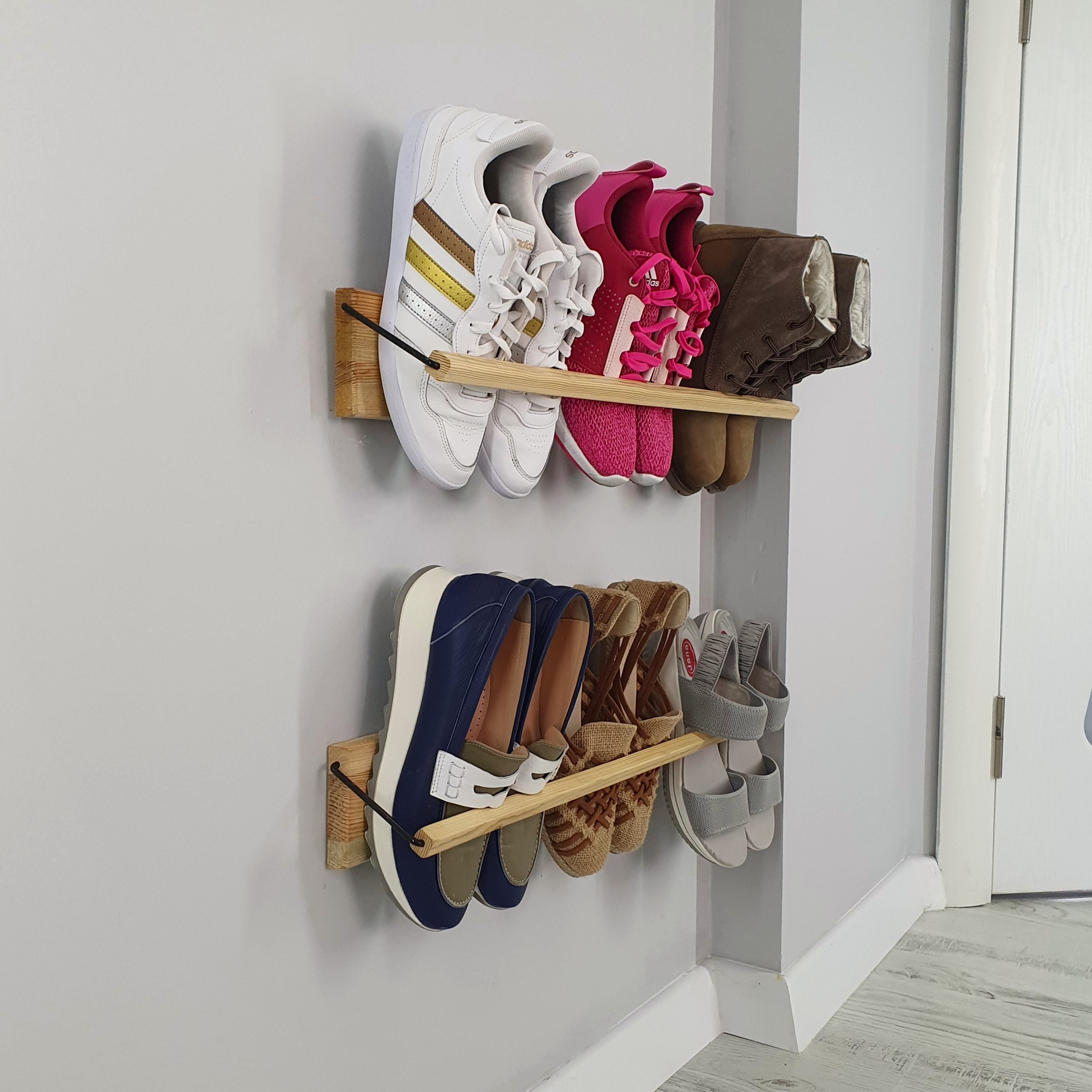 Over the Door Shoe Rack, 2 Pack Wall Mounted Hanging Shoe Organizer with 2  Hooks, Adhesive Shoe Storage Organizer Wall Mounted Shoe Rack – Easy  Installation – Built to Order, Made in