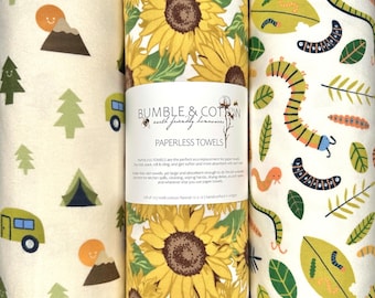 Summer Trio Paperless Towels Sunflowers & Nature || Reusable Paper Towels || Eco-Friendly Gift 12x12 Sheets || Classic Collection
