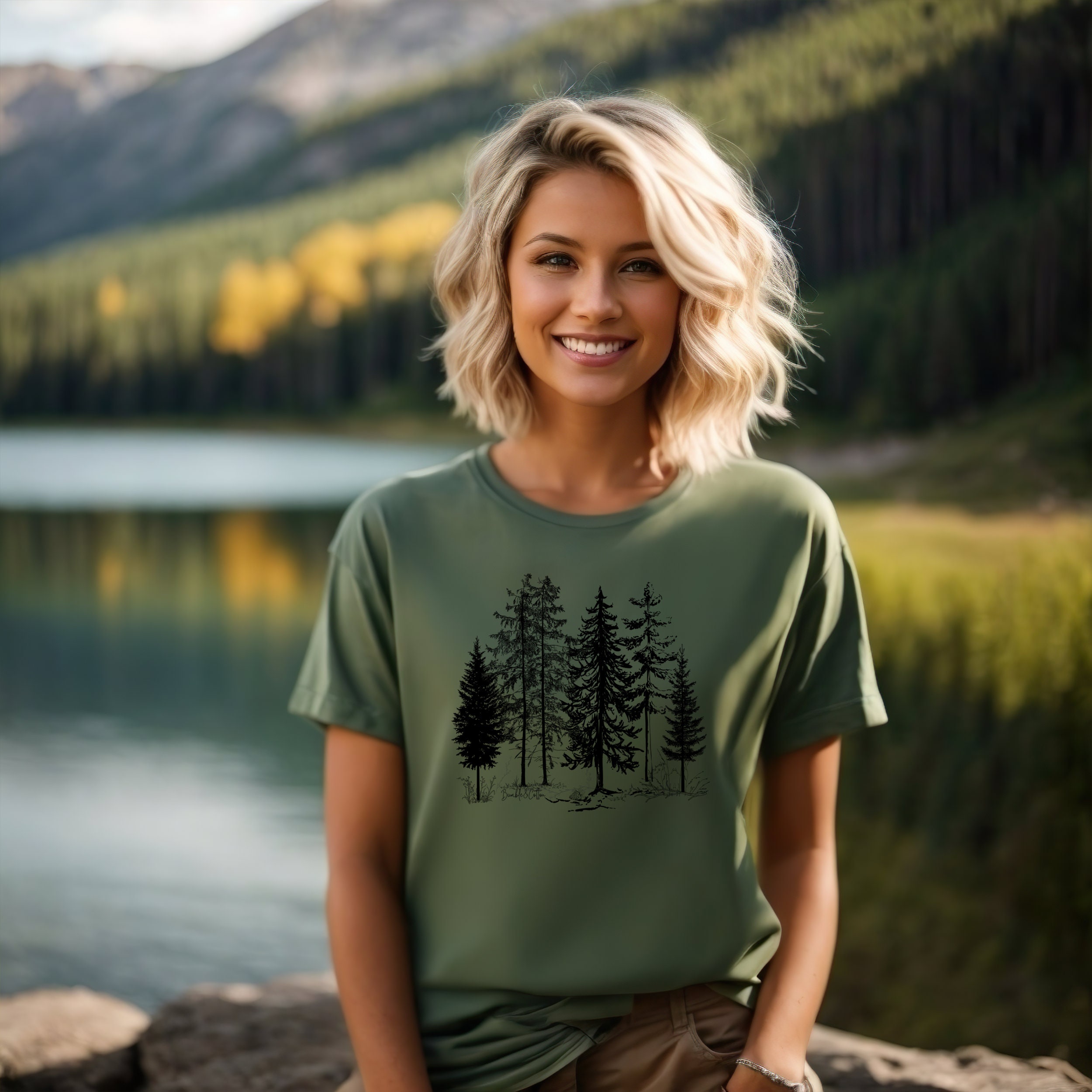 ★2025SS新作★GOTTER GALLERY★FOREST GRAPHIC T-SHIRTS Nature Bear Forest T Shirt Trees Reflection Graphic Tee (US