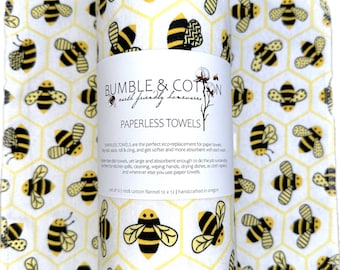 Bumblebees on white Paperless Towels ||  Reuseable Napkins 12x12 || Eco Sustainable Kitchen Goods ||  Flannel Yardage || Classic Collection