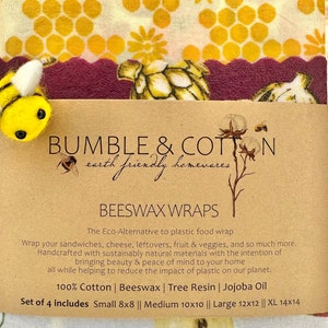 May include: Set of four beeswax food wraps with a variety of designs. The wraps are made with 100% cotton, beeswax, tree resin, and jojoba oil. The wraps are available in four sizes: small (8x8 inches), medium (10x10 inches), large (12x12 inches), and extra large (14x14 inches).