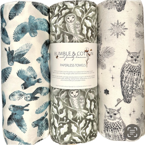 Owl Trio Paperless Towels || Unpaper Towels || Eco Kitchen Gift 12x12 Sheets