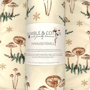 Mushrooms & Pine Branches Paperless Towels || Unpaper Towels || Eco Sustainable Zero Waste Kitchen Gifts ||  Cloth Napkins || 12x12 Sheets