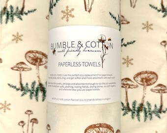 Mushrooms & Pine Branches Paperless Towels || Unpaper Towels || Eco Sustainable Zero Waste Kitchen ||  Cloth Napkins || 12x12 Sheets