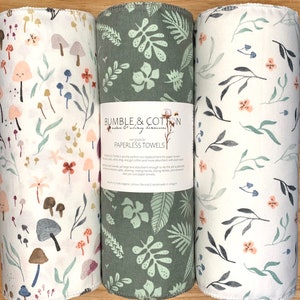 ORGANIC Trio Paperless Towels ||Mushrooms & Botanicals || Unpaper Towels || GOT Certified 12x12 Sheets || Eco-Friendly Gift