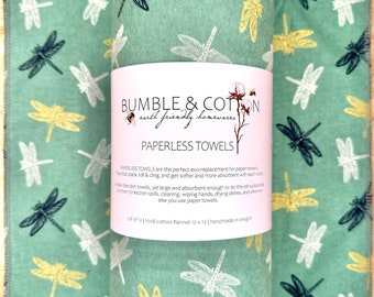 Dragonflies on Green Paperless Towels || Unpaper Towels || Eco Sustainable Kitchen 12x12 Sheets