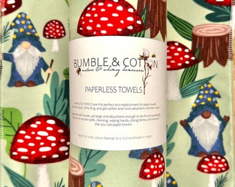 Gnomes & Mushrooms Paperless Towels || Unpaper Towels || Eco Sustainable Zero Waste Kitchen || Mushroom Cloth Napkins 12x12 Sheets