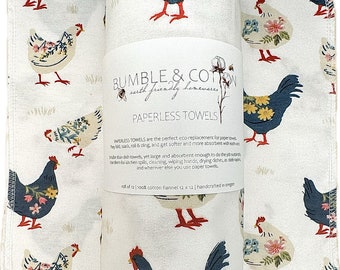 Chickens on white Paperless Towels || Unpaper Chicken Towels || Eco Alternative Zero Waste Kitchen 12x12 Sheets