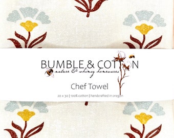 Block Print Floral Chef Towel || Nature Inspired Kitchen Towel