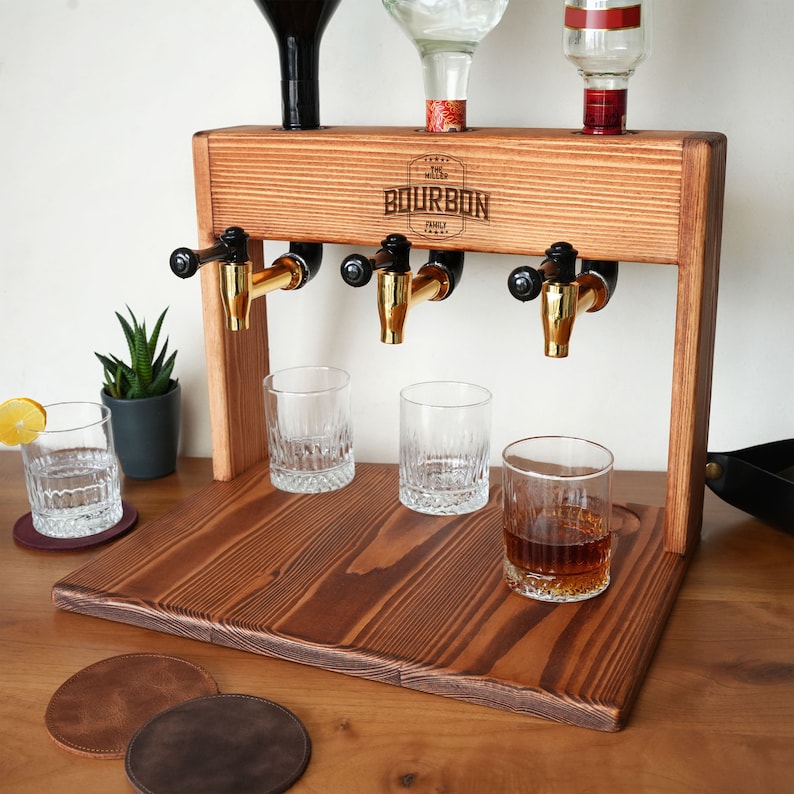 a wooden shelf holding three glasses and a wooden holder