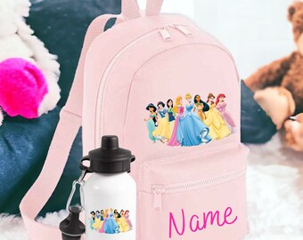 Personalised Princess Backpack and Water bottle | Toddler Nursery Bag | Any Name School Bag | Disney princess personalised bag