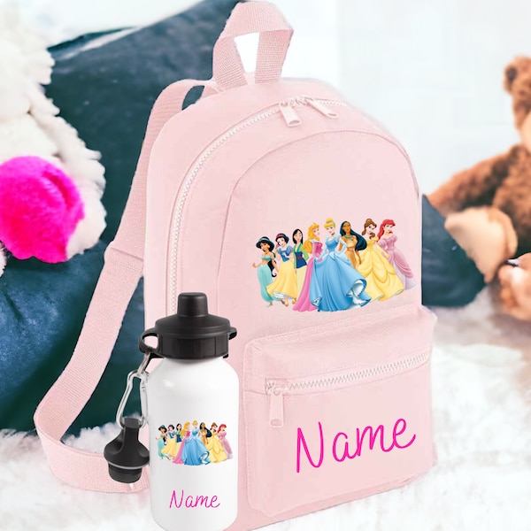 Personalised Princess Backpack and Water bottle | Toddler Nursery Bag | Any Name School Bag | Disney princess personalised bag