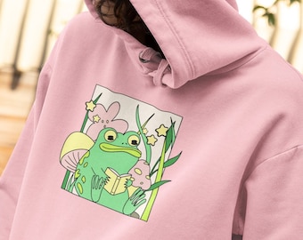 Felpa con cappuccio rana Felpa con cappuccio kawaii Felpa con cappuccio amante dei libri Felpa con cappuccio fungo Felpa con cappuccio cottagecore Rana e rospo Regalo per amanti dei libri Regalo per amanti delle rane Rana carina