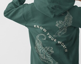 Tiger Sweater Tiger Hoodie Vintage Tiger Mental Health Hoodie Know Your Worth Hoodie Indie Hoodie Year of the Tiger Green Hoodie Boho Tiger