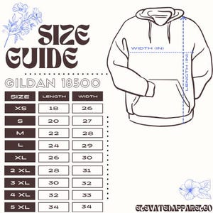 May include: Size guide for Gildan 18500 hoodies, showing measurements in inches for length and width, for sizes XS to 5XL.