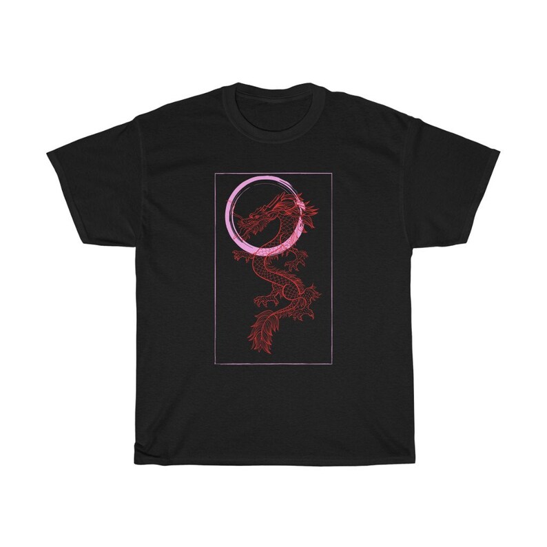 May include: Black t-shirt with a red dragon illustration inside a pink circle. The dragon is outlined in red and the circle is outlined in pink.
