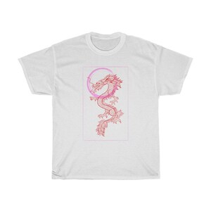 May include: White t-shirt with a red and pink dragon illustration in a circle.