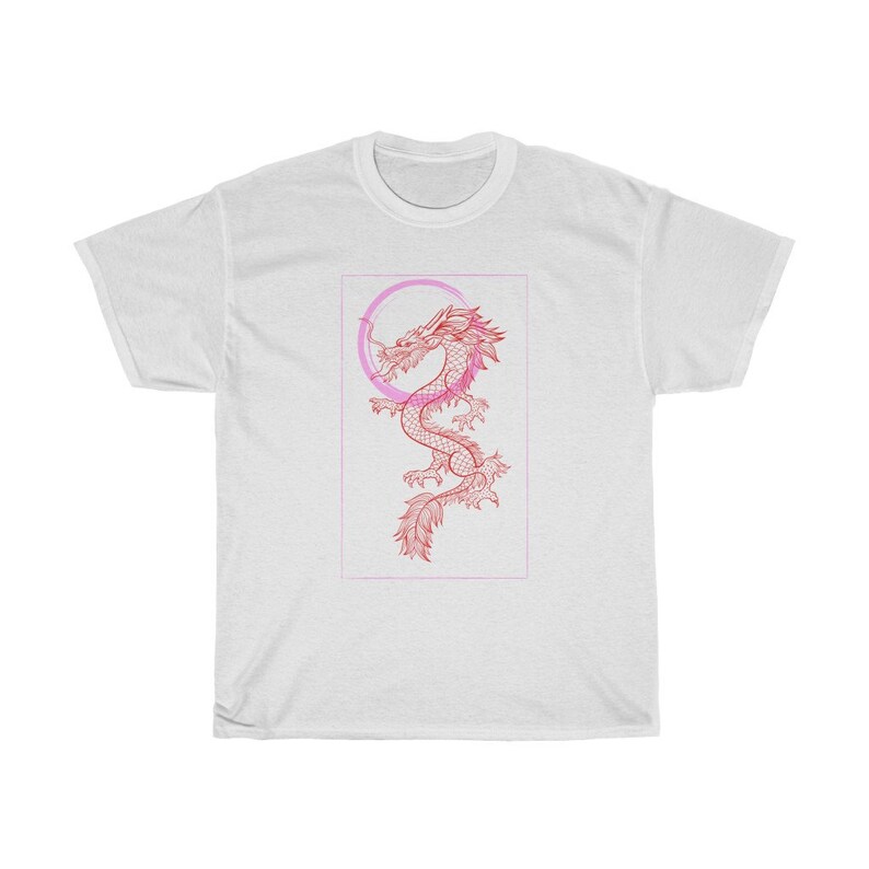 May include: White t-shirt with a red and pink dragon illustration in a circle.