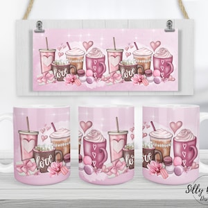 Pink Love Coffee Mugs Latte Cups Valentine's Day Sublimation Mug Design 11oz (or 12oz) and 15oz Full Wrap Mug Template, Digital Download