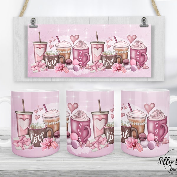 Tazze da caffè Pink Love Tazze da latte Tazze da sublimazione per San Valentino Design da 11 once (o 12 once) e modello di tazza con rivestimento completo da 15 once, download digitale