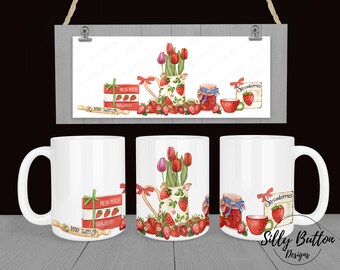 Strawberries with Tulips White Background Sublimation Mug Design, 11oz (or 12oz.) and 15oz, Full Wrap Cup Template, PNG Digital Download