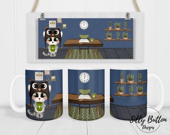 Cat in the Kitchen w Cactus Blue Green Sublimation Mug Design, 11oz (or 12oz.) and 15oz, Full Wrap Cup Template, PNG Digital Download