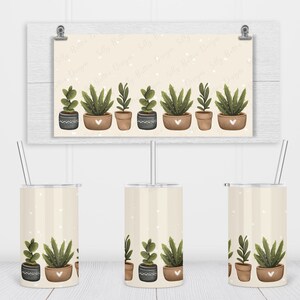 Cactus in Cute Pots Cream Beige Background Sublimation Straight Sippy Cup Tumbler Design, 12 oz. Kid&#39;s Full Wrap Template, Digital Download