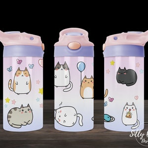 Cats Cute Kawaii Style Pink Purple Sublimation Straight Sippy Cup Tumbler Design 12 oz. Kid's Full Wrap PNG Template Digital Download