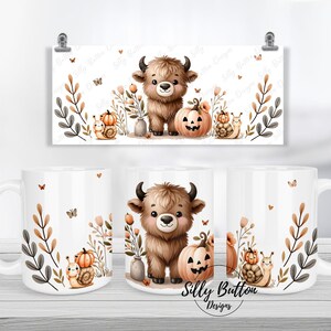 Mignon bébé vache Highland automne avec sublimation de citrouille et d'escargot, modèle d'emballage complet 11 oz (ou 12 oz) et 15 oz, téléchargement numérique instantané