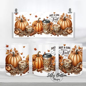 May include: White ceramic mug with a fall-themed design. The mug features a pumpkin, a cup of coffee, and a leopard print scarf. The text "Just a girl who loves fall" is printed on the mug.