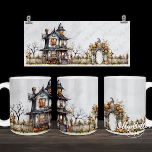 Halloween maison hantée clôture citrouilles scène automne Sublimation Mug Design, 11 oz (ou 12 oz) & 15 oz, modèle d&#39;emballage complet, téléchargement numérique PNG