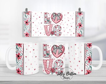 Tazza con motivo a sublimazione con fiori per San Valentino, modello da 11 oz (o 12 oz) e 15 oz, download digitale