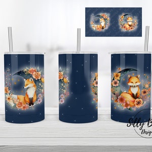 Gobelet droit renard sur la lune avec fleurs motif animal de la forêt bleu sublimation, 12 oz. Modèle de wrap complet pour enfant, téléchargement numérique