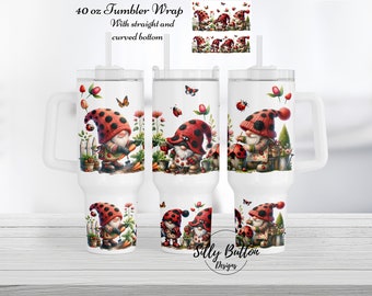 Red Ladybugs Gnomes in the Garden Spring 40 oz. Tumbler Wrap Sublimation Design Template Digital Design Download Straight & Curved Bottom