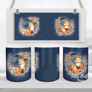 Renard sur la lune avec fleurs ciel bleu céleste sublimation design modèle de tasse 11 oz (ou 12 oz) et 15 oz, téléchargement numérique