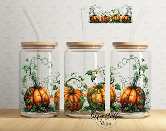 Fall Pumpkins Halloween Autumn 16oz Libbey Glass Can Tumbler Sublimation Design, Full Wrap Template, PNG Digital Download