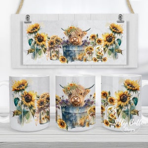 Baby Highland Kuh im Eimer mit Sonnenblumen Farm Sublimationsbecher Design 11 Unze (oder 12 Unze) und 15 Unze, Full Wrap Vorlage, PNG Digital Download