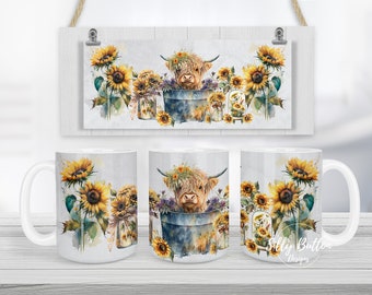 Baby Highland Cow in Bucket with Sunflowers Farm Sublimation Mug Design 11oz (or 12oz) and 15oz, Full Wrap Template, PNG Digital Download