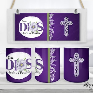 May include: Purple ceramic mug with a white design featuring a cross, a flower, and the text "Con Dios Todo es Posible".
