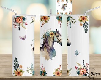 Horse with Flowers & Butterflies Sublimation Skinny Straight Tumbler Design, 20 oz. Full Wrap Template, Instant PNG Digital Download