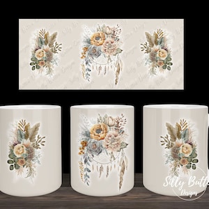 Tan Brown Traumfänger Boho Blumen Frühling Sublimationsbecher Design, 11 Unze (oder 12 Unze) und 15 Unze, Full Wrap Becher Vorlage, PNG Digital Download