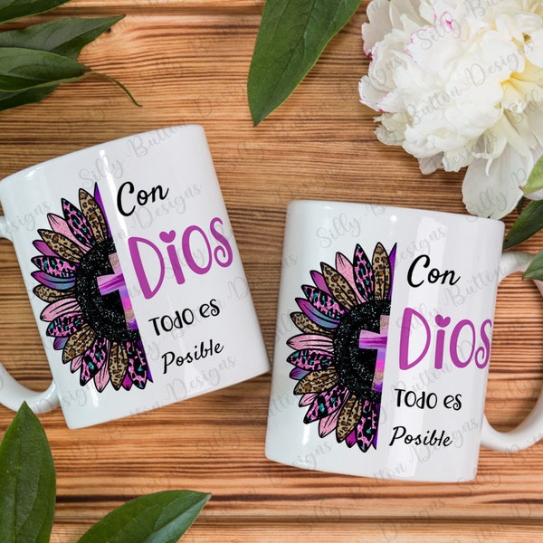 Con Dios Todo Es Posible Morado Girasol Diseño de Taza de Sublimación 11oz (or 12oz) & 15oz Plantilla de envoltura completa Diseño Digital