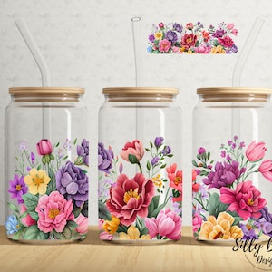 Lente bloemen roze paars geel zomer lente 16 oz Libbey glas kan Tumbler sublimatie ontwerp volledige wrap sjabloon, digitale download