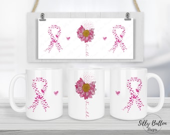 Breast Cancer Faith Pink Flower Ribbons Sublimation Mug Design, 11oz (or 12oz) & 15oz, Full Wrap Template, PNG Instant Digital Download